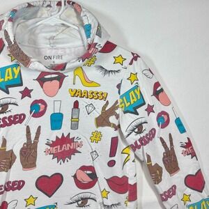 On‎ Fire Graphic Print Pullover Hoodie Fun Design Long Sleeve Top Sz Small